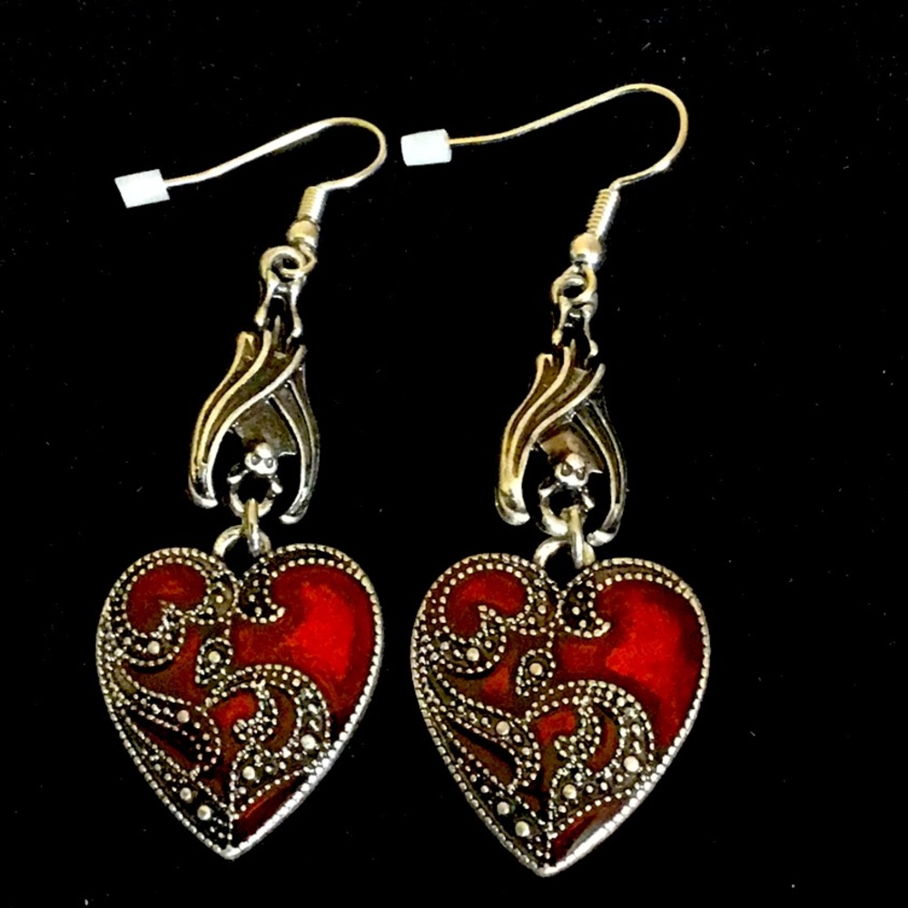 Red Heart Dangle Earrings Silver Alloy New